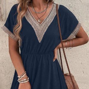 SHEIN LUNE Guipure Lace Panel Batwing Ruffle Hem Dress